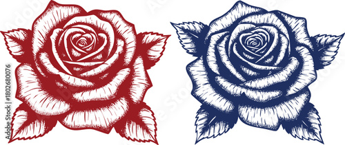 Two Roses One Red One Blue with Detailed Petals and Leaves Keywords: rose, roses, flower, floral, red, blue, dark blue, petals