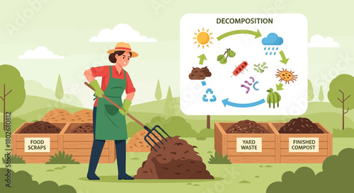 Illustration of a female farmer composting in a garden, promoting sustainability