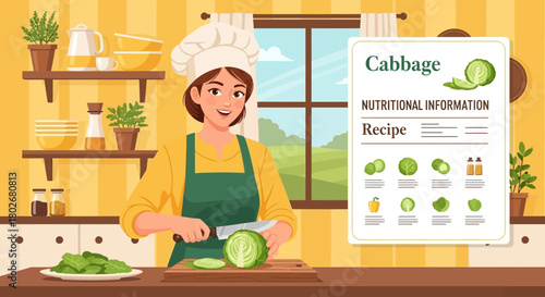 A smiling chef preparing cabbage with nutritional information in a bright kitchen