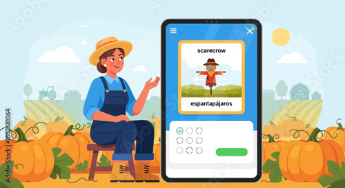 Autumn learning: A farmer uses a tablet to learn English and Spanish vocabulary