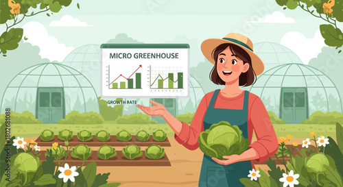 Cartoon Female Farmer Presenting Cabbage Growth in Micro Greenhouse Illustration