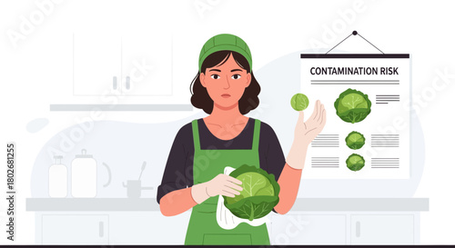 Illustration of a health worker checking for contamination risk in cabbages