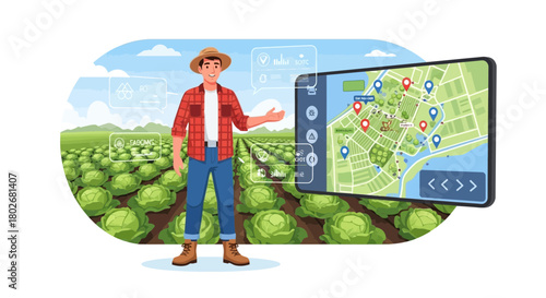 Illustration showcasing precision agriculture through farmer using digital farm management