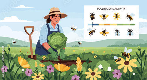 Woman farmer with pollinators activity chart for sustainable agriculture practice