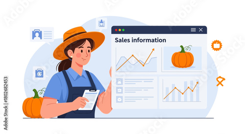 Analyzing sales information for pumpkin harvest on farm with a happy farmer