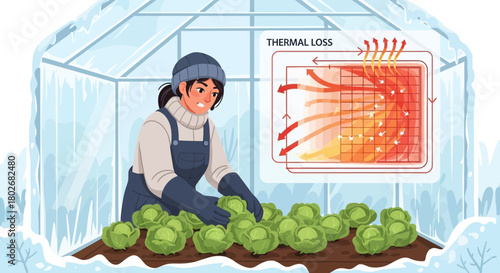 Winter greenhouse cultivation and thermal energy loss concept in agriculture