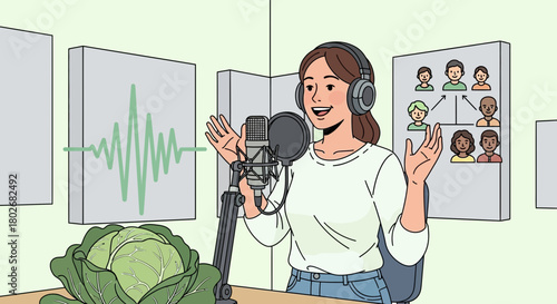 Female podcaster engaging with her audience while discussing healthy eating habits