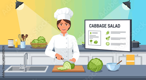 Cheerful chef preparing a fresh cabbage salad in a brightly lit kitchen