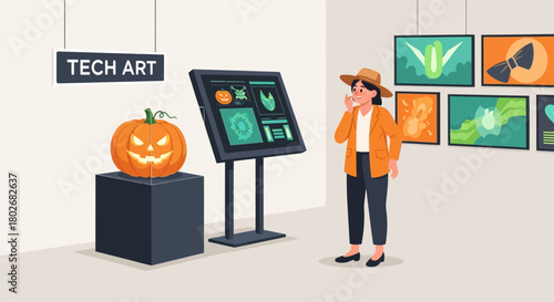 Woman admires tech-infused Halloween art exhibit, showcasing pumpkins and digital displays