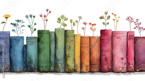 Watercolor illustration of a vibrant rainbow row of antique books with delicate wildflowers blooming from their pages