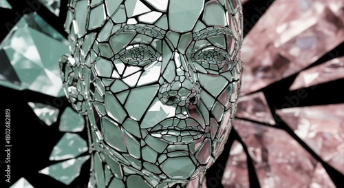 A close-up of a shattered human face constructed from geometric glass shards, set against a dark background with blurred pink crystalline fragments.