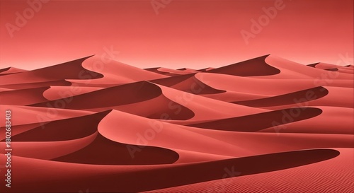 A panoramic view of a desert landscape dominated by undulating red sand dunes under a gradient of red skies.
