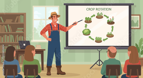Farmer presenting crop rotation techniques to audience during an educational seminar