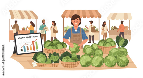 Cheerful vendor at the local farmer's market selling fresh cabbage crops