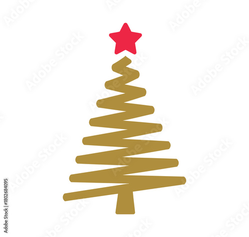 A stylized golden Christmas tree with a red star topper stands against a white background, symbolizing holiday cheer and festive decoration.