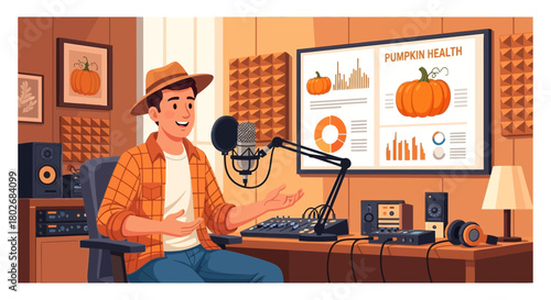 Content creator broadcasting about pumpkin health benefits from his studio space