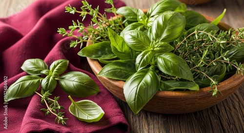 Wallpaper Mural Fresh green basil and thyme are arranged in a wooden bowl and on a crimson cloth, set against a rustic wooden surface. Torontodigital.ca