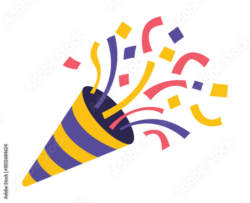 A festive party popper explodes with colorful confetti and streamers, celebrating a joyous occasion with vibrant motion.