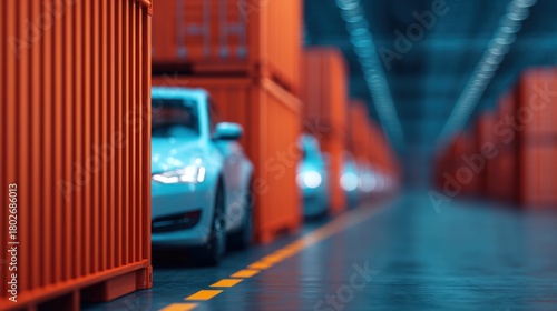 Supply chain and import tariff, Cars lined up in a warehouse among orange shipping containers.