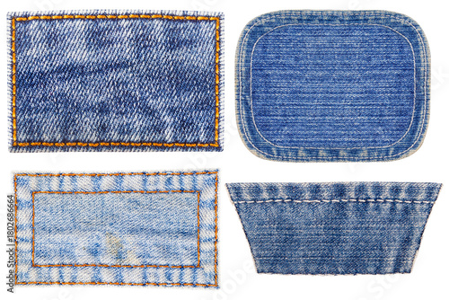 Isolated photo of various blue colored denim patches with stitch bordering on white background.