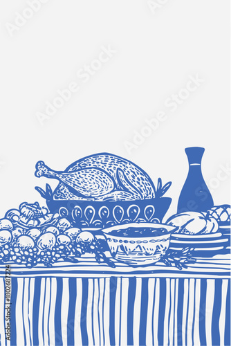 Vintage Thanksgiving feast sketch with roasted turkey, pies, vegetables and wine bottles in hand drawn style