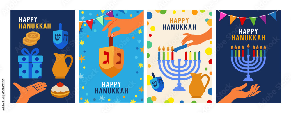 Fototapeta premium Hanukkah greetings set with menorah, dreidel, gift and hands. Modern vector design for traditional jewish holiday Festival of Light. Menorah, candles, gelt and sufganiyot illustrations