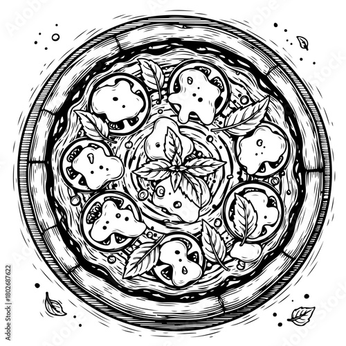 A detailed, hand-drawn black and white illustration of a classic Margherita pizza from a top-down perspective.