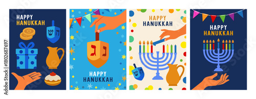 Hanukkah greetings set with menorah, dreidel, gift and hands. Modern vector design for traditional jewish holiday Festival of Light. Menorah, candles, gelt and sufganiyot illustrations