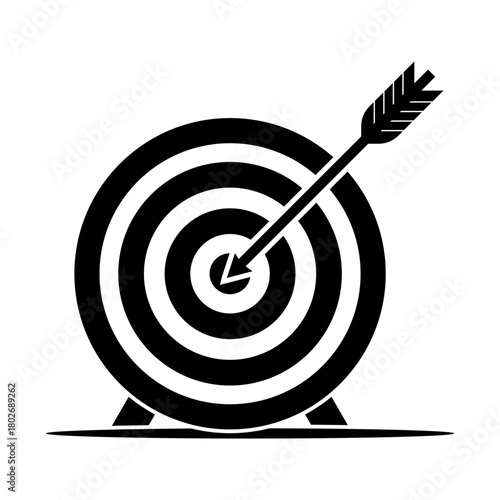 Archery target on stand with arrow in bullseye, business goal and accuracy success icon – black vector symbol.
