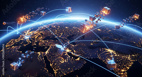 Global network visualization with illuminated cities and data transfer lines, showcasing interconnected digital communication and logistics across continents in a modern technological landscape
