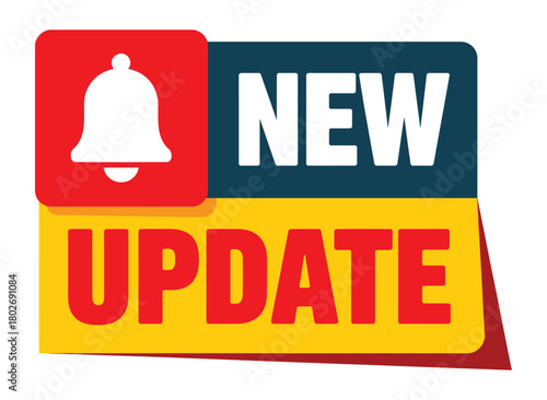 A red bell icon alerts viewers to a new update notice displayed in bold white and red lettering against a dark blue and yellow background.