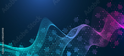 Molecular abstract structure and genetic engineering DNA. Healthcare and medicine background concept. Scientific research background. Wave flow. Innovation pattern. Vector illustration.