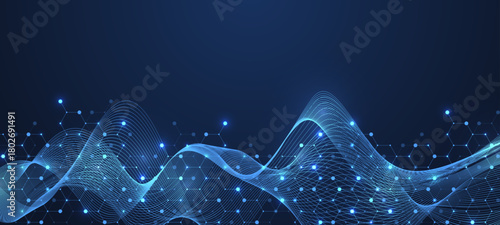 Molecular abstract structure and genetic engineering DNA. Healthcare and medicine background concept. Scientific research background. Wave flow. Innovation pattern. Vector illustration.