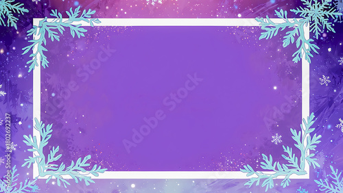 A winter-themed illustrated background featuring a purple center area framed by a white border with copy space.