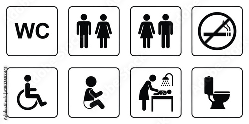 Collection of eight universal public restroom and facility signs