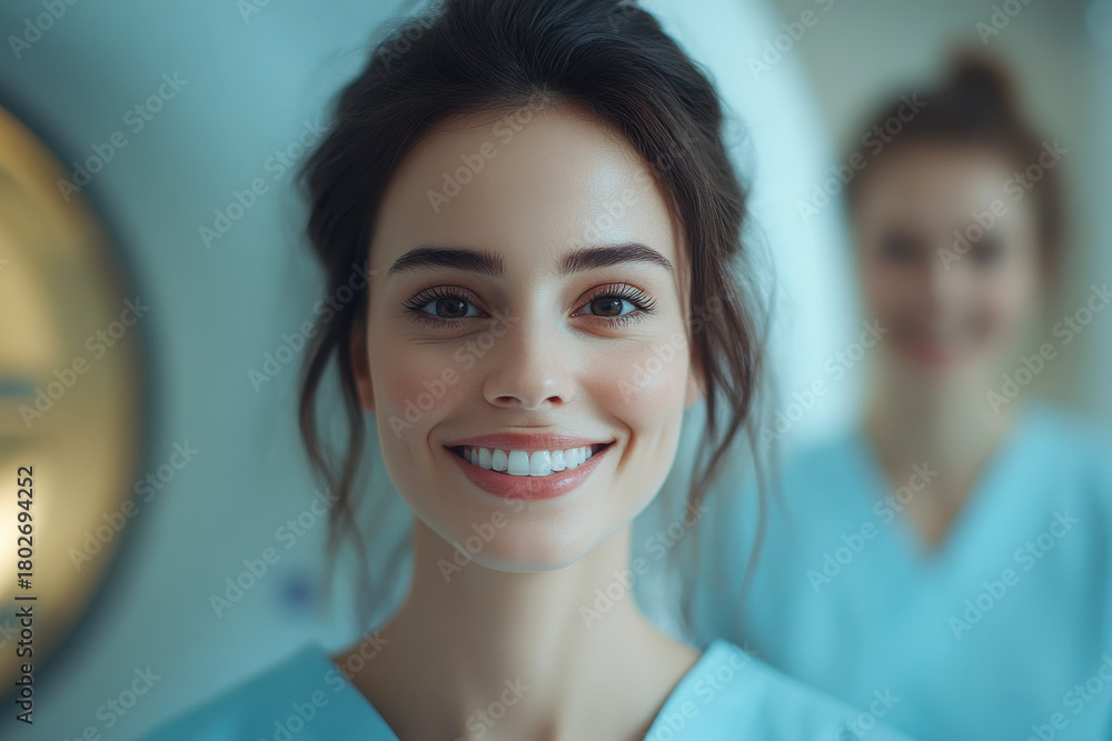 Fototapeta premium Confident Female Doctor in White Coat with Stethoscope. Portrait female doctor long blond hair wearing lab coat and stethoscope, standing confidently indoors