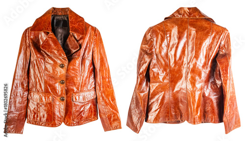 Isolated photo of bright brown polished leather woman leather jacket front and back view on white background.