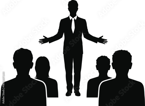 Silhouette of a businessman giving a presentation to an audience vector illustration of a speaker addressing a group isolated on white background