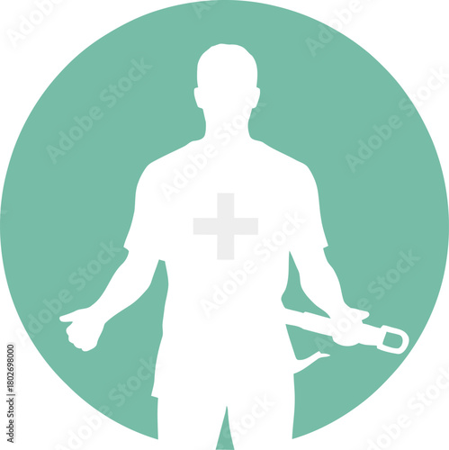 Silhouette of a rescuer with a harness vector illustration isolated on a green circle background for safety and emergency services