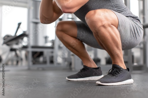 Faceless person performing controlled squat during knee recovery bright gym environment injury rehabilitation concept