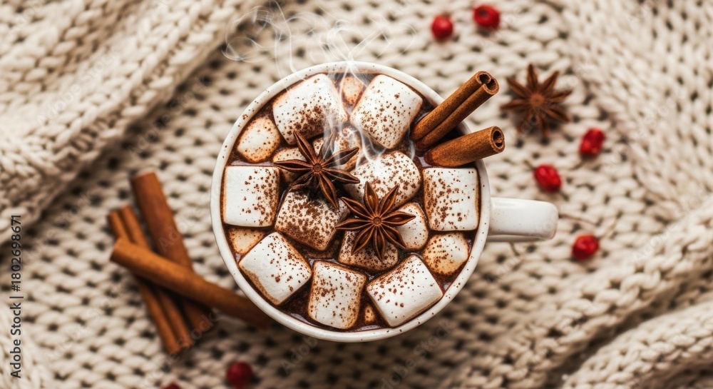 Fototapeta premium Hot Chocolate with Marshmallows, Cinnamon Sticks, and Star Anise on Cozy Knitted Blanket