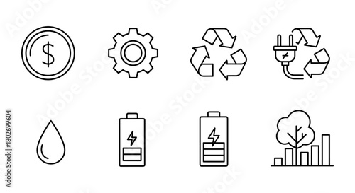 Minimalist eco and technology line icons for sustainable innovation projects