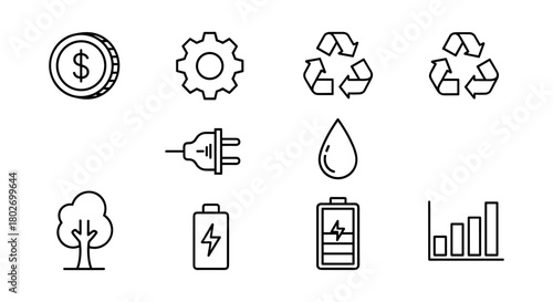 Minimalist line icons: environment, technology, currency, and energy themes