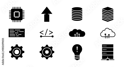 Black and white technology icons set featuring cloud computing, data storage, and innovation