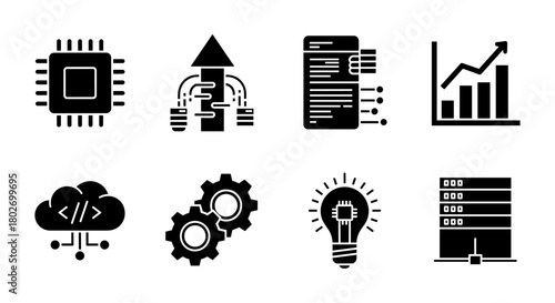 Technology icons set: circuit, cloud, gear, graph, and server in bold silhouette style