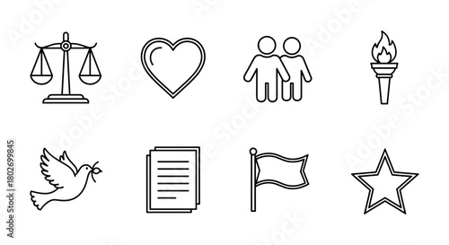 Outline icons: justice, peace, love, unity, knowledge and freedom symbols