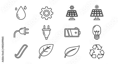 Eco-friendly energy icons set featuring solar, recycling, and sustainable themes