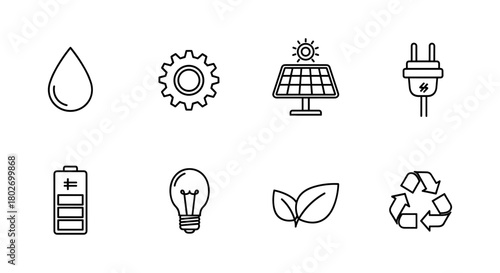 Minimalist eco-friendly icons set featuring renewable energy and sustainability symbols