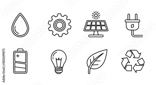 Eco-friendly energy icons: line style symbols for sustainability and innovation