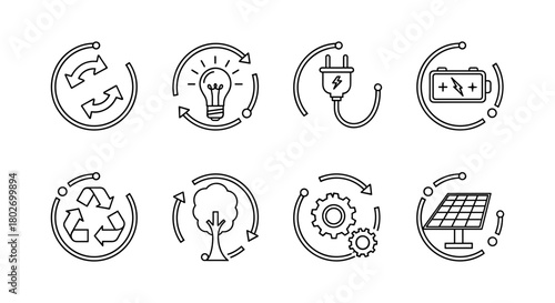 Linear icons of renewable energy and sustainability in modern design